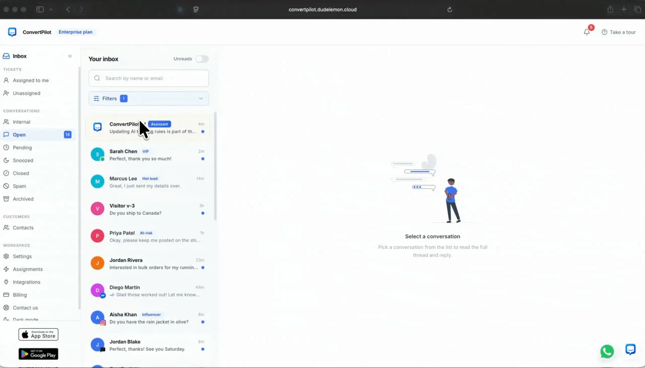 ConvertPilot inbox: conversations from every channel, answered by AI