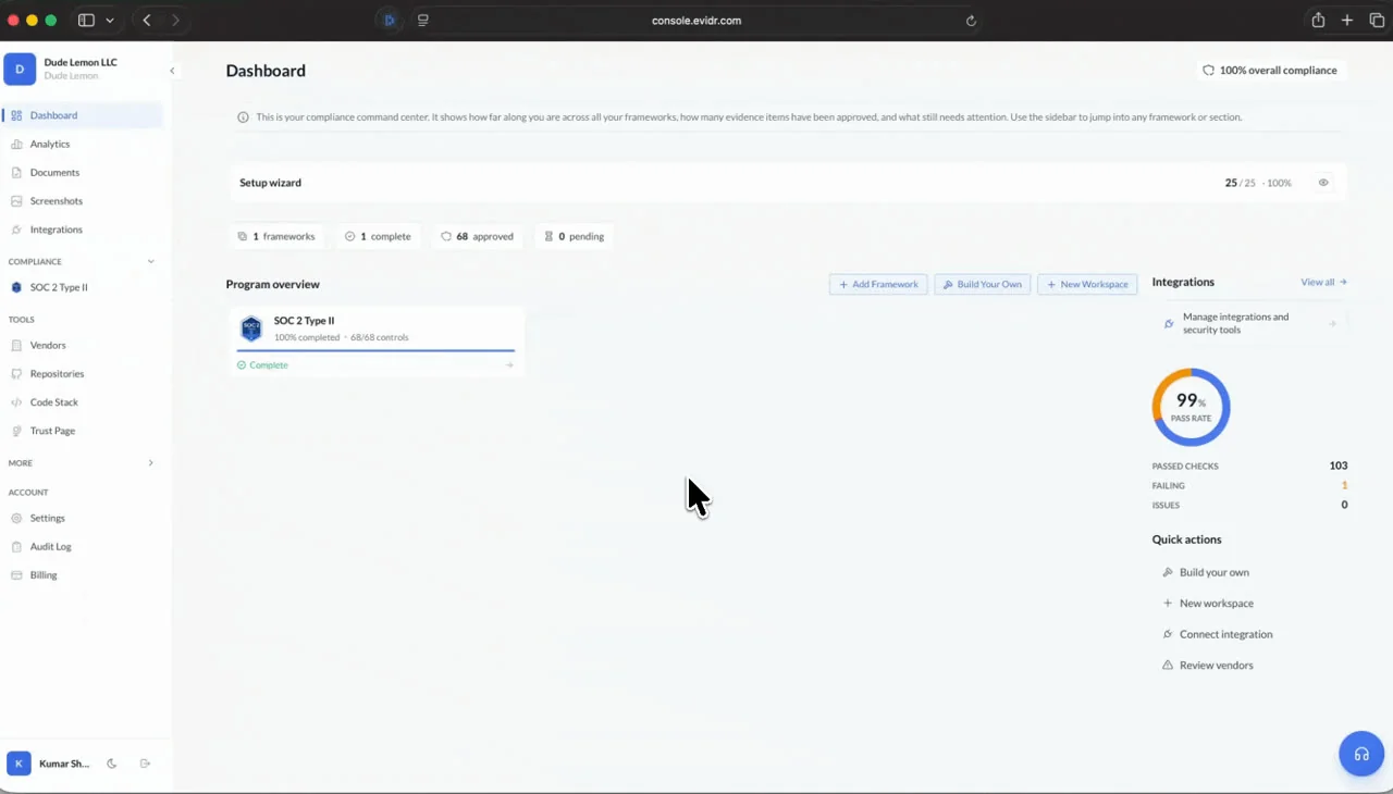 Evidr compliance command centre showing framework readiness and evidence