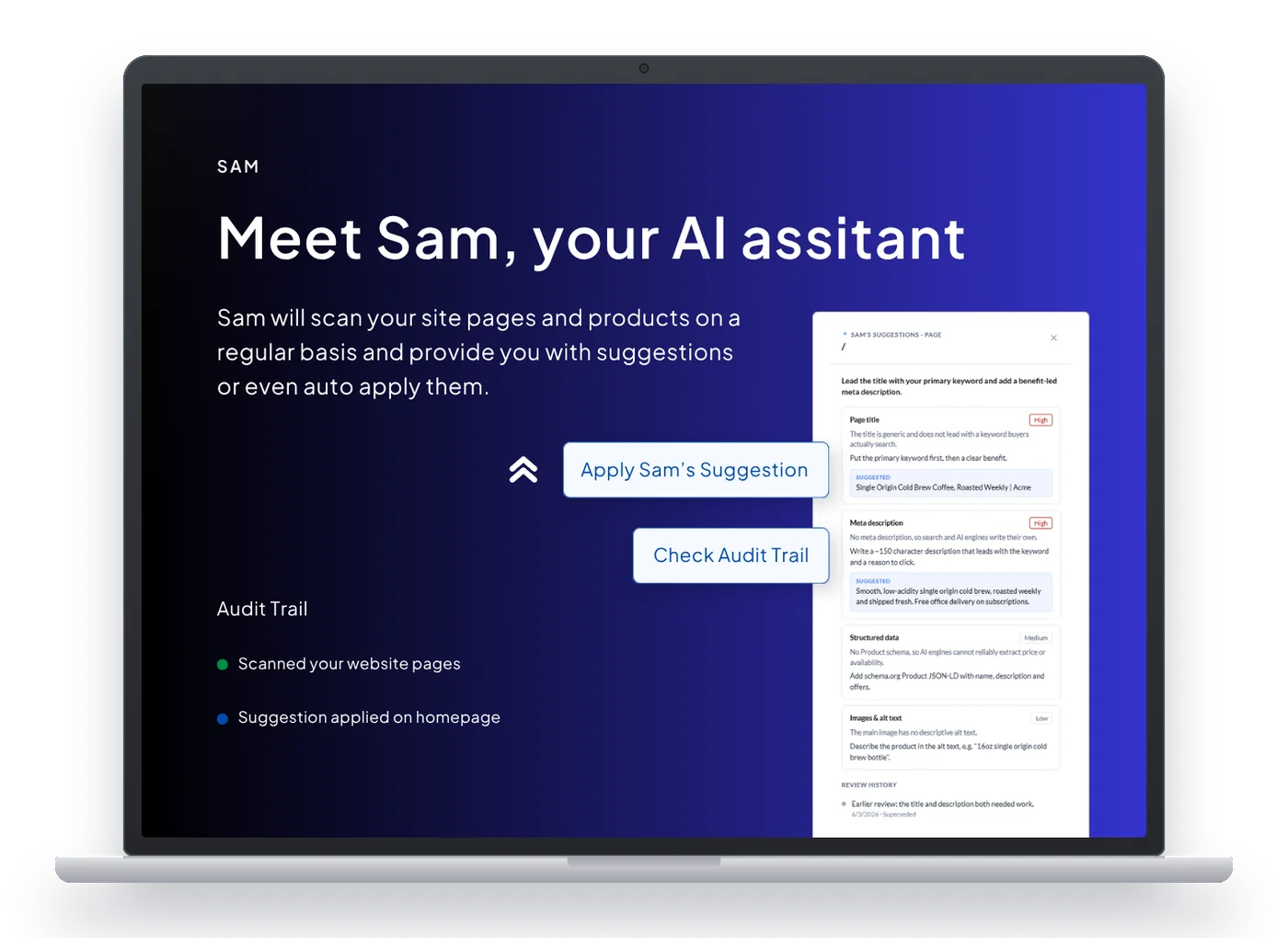 Sam, the SearchLift assistant, proposing and applying improvements